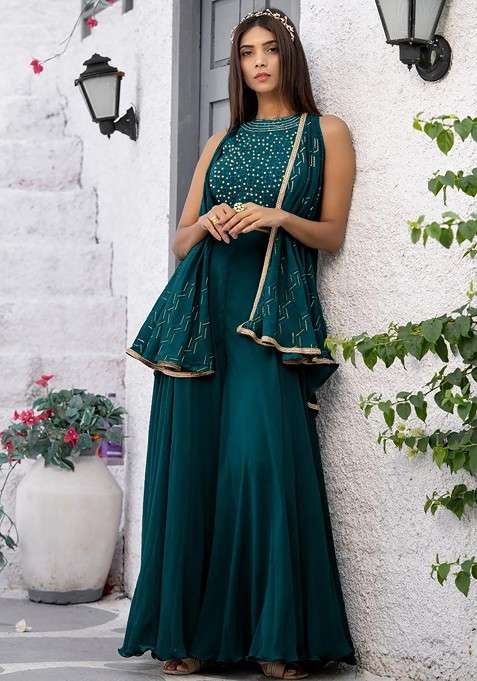 Teal Geometric Embroidered Halter Neck Sequinned Crop Top With Palazzos And Dupatta