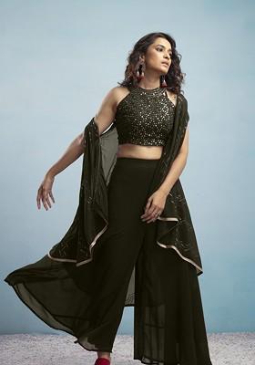 Olive Geometric Embroidered Halter Neck Sequinned Crop Top With Palazzos And Dupatta