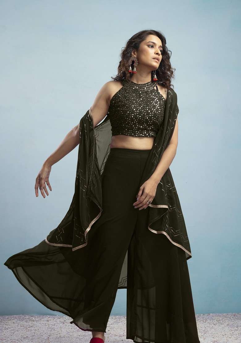 Olive Geometric Embroidered Halter Neck Sequinned Crop Top With Palazzos And Dupatta - Indya