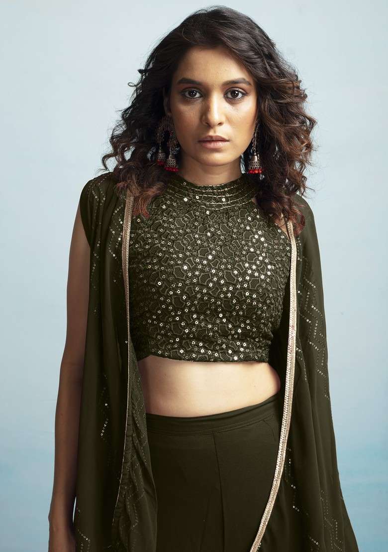 Olive Geometric Embroidered Halter Neck Sequinned Crop Top With Palazzos And Dupatta - Indya