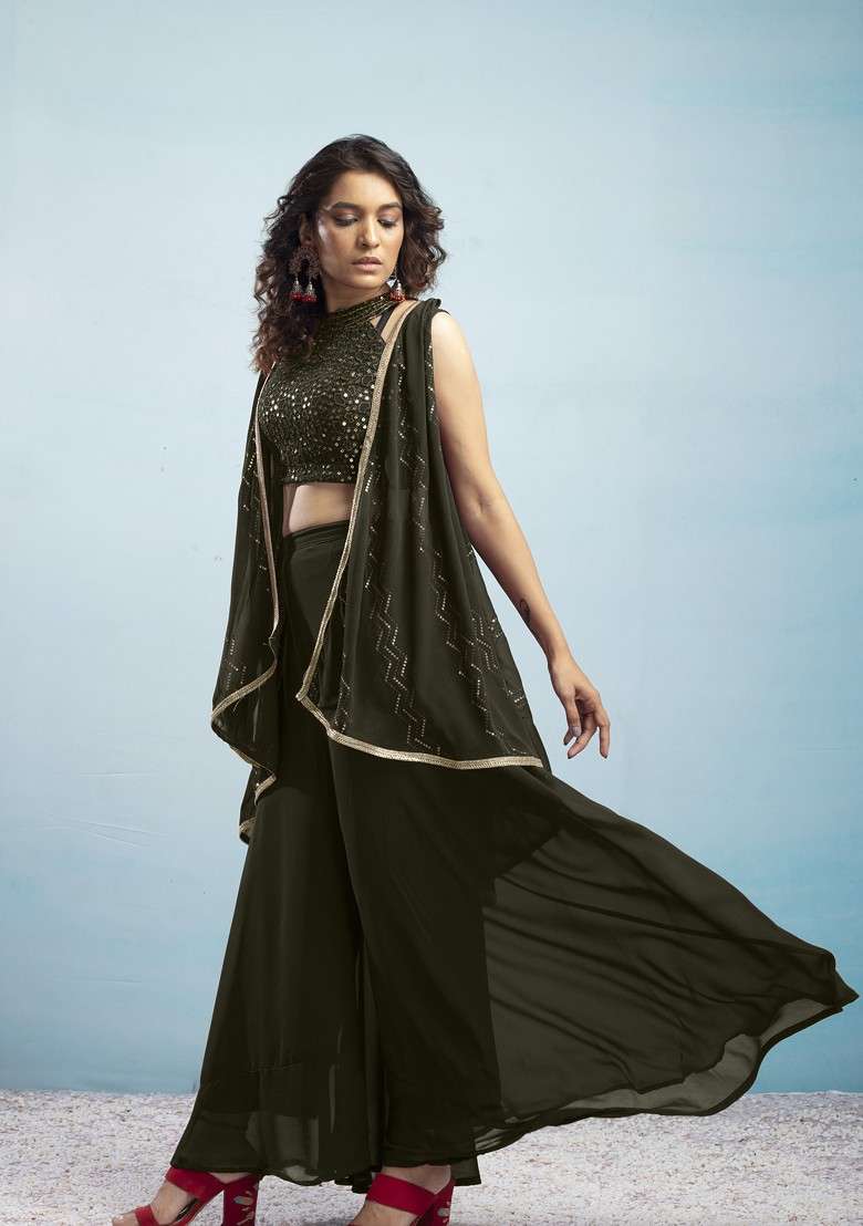 Olive Geometric Embroidered Halter Neck Sequinned Crop Top With Palazzos And Dupatta - Indya