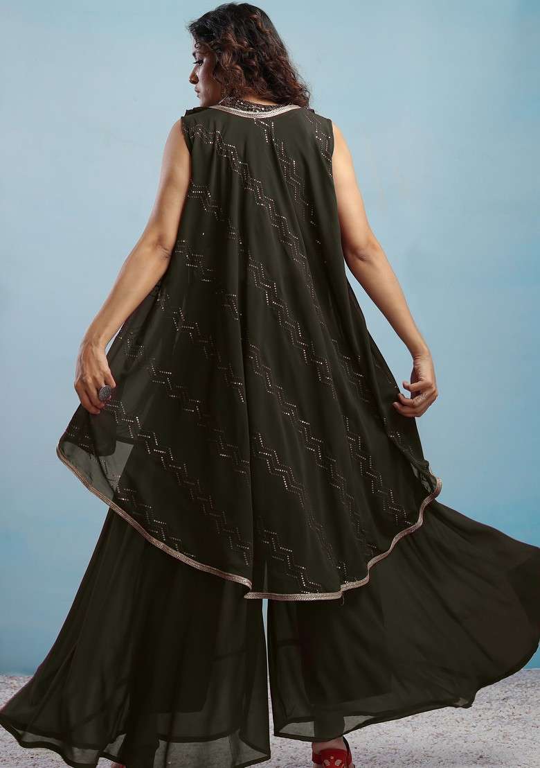 Olive Geometric Embroidered Halter Neck Sequinned Crop Top With Palazzos And Dupatta - Indya
