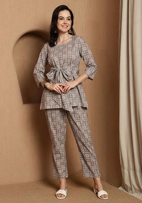 Grey Women Printed Top With Trouser Coords Set