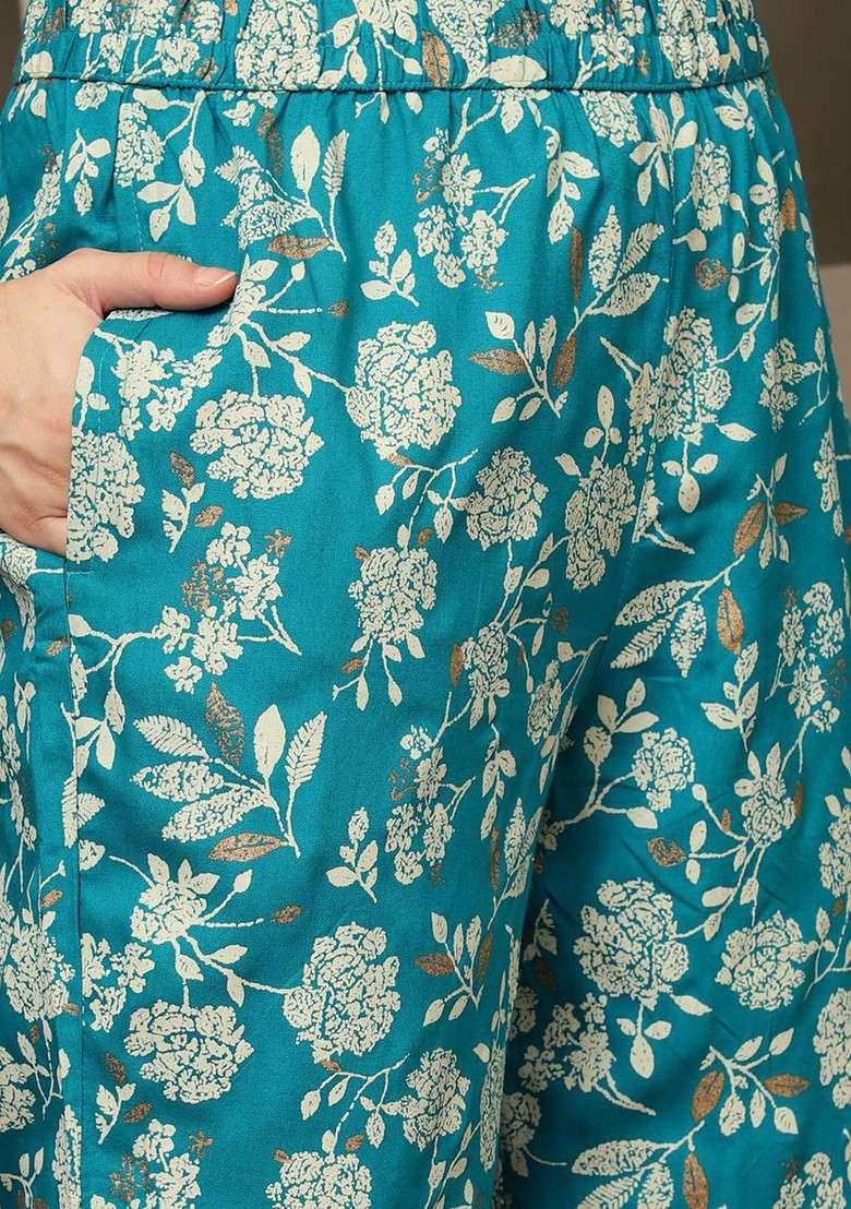 Turquoise Blue Women Floral Printed Pure Cotton Coord Set - Indya