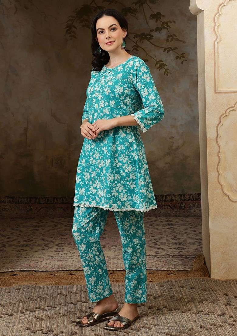 Turquoise Blue Women Floral Printed Pure Cotton Coord Set - Indya