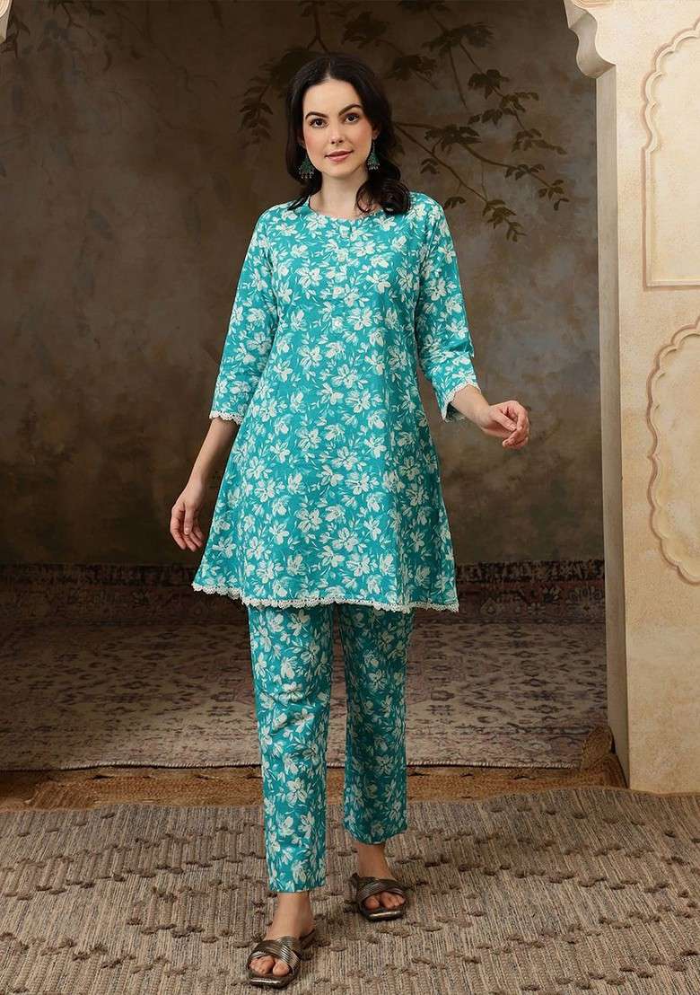 Turquoise Blue Women Floral Printed Pure Cotton Coord Set - Indya
