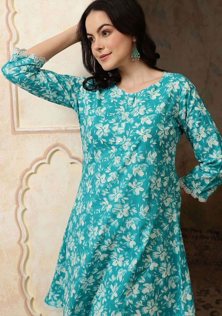 Turquoise Blue Women Floral Printed Pure Cotton Coord Set - Indya