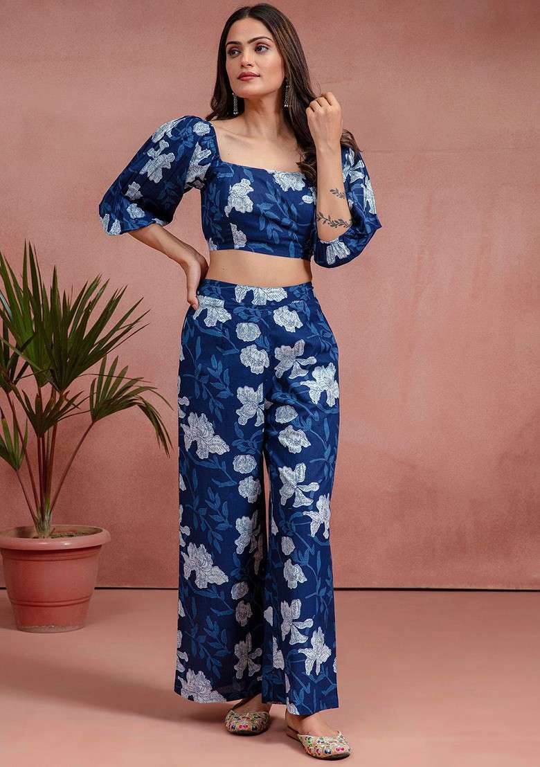 Blue Floral Printed Pure Cotton Top And Palazzos Coords Set - Indya