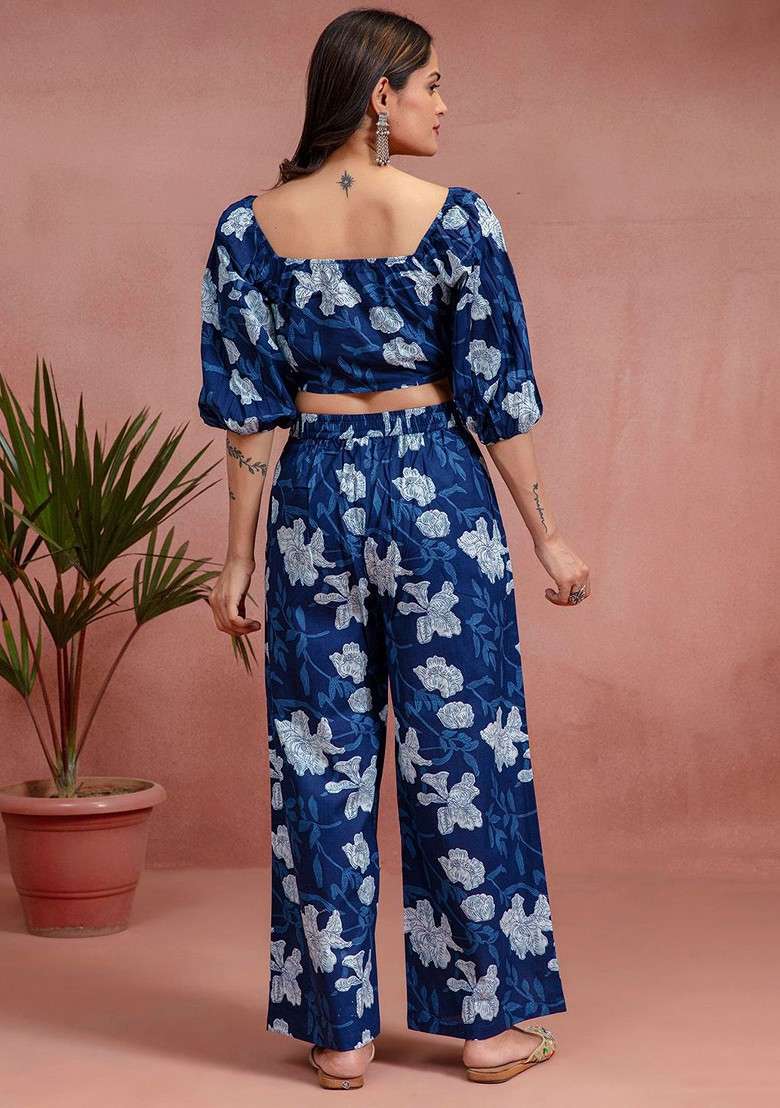 Blue Floral Printed Pure Cotton Top And Palazzos Coords Set - Indya