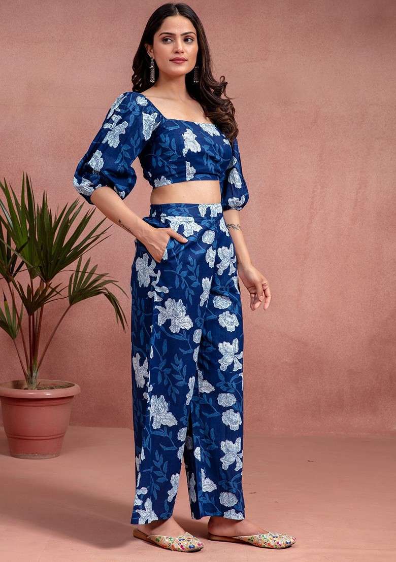 Blue Floral Printed Pure Cotton Top And Palazzos Coords Set - Indya