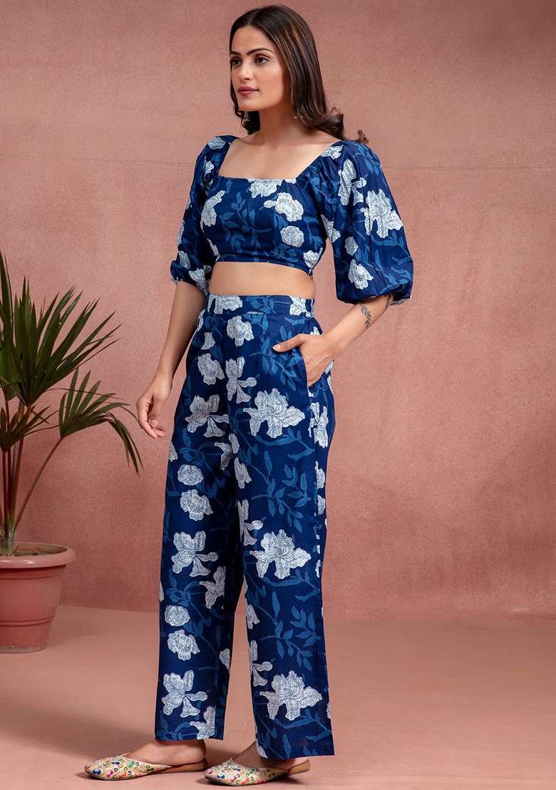 Blue Floral Printed Pure Cotton Top And Palazzos Coords Set - Indya