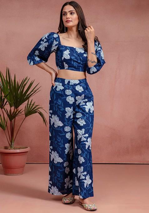 Blue Floral Printed Pure Cotton Top And Palazzos Coords Set