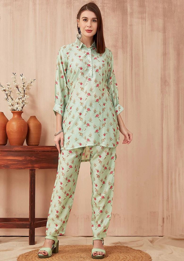 Sea Green Sea Green Printed Tunic And Trouser Set