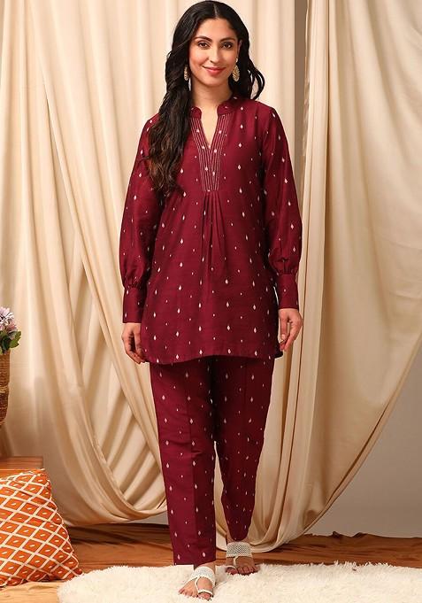Maroon Woven Design Top With Trousers