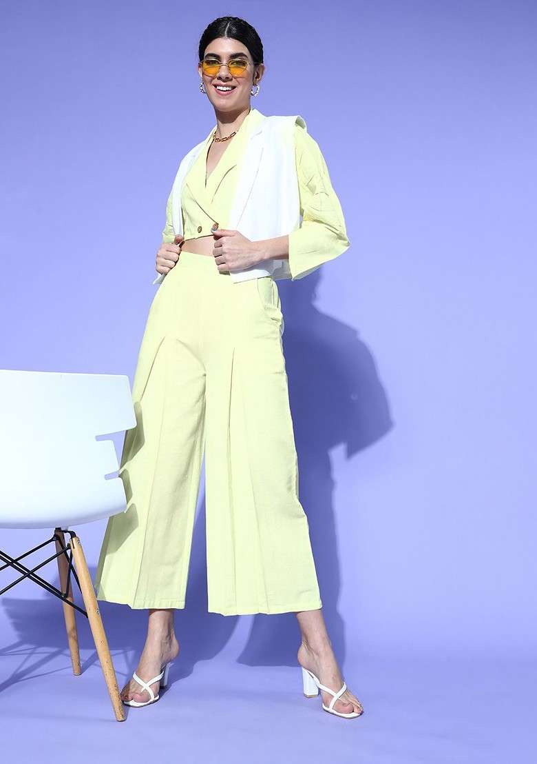 Lime Green Women Alluring Lime Green Solid Top With Palazzos - Indya