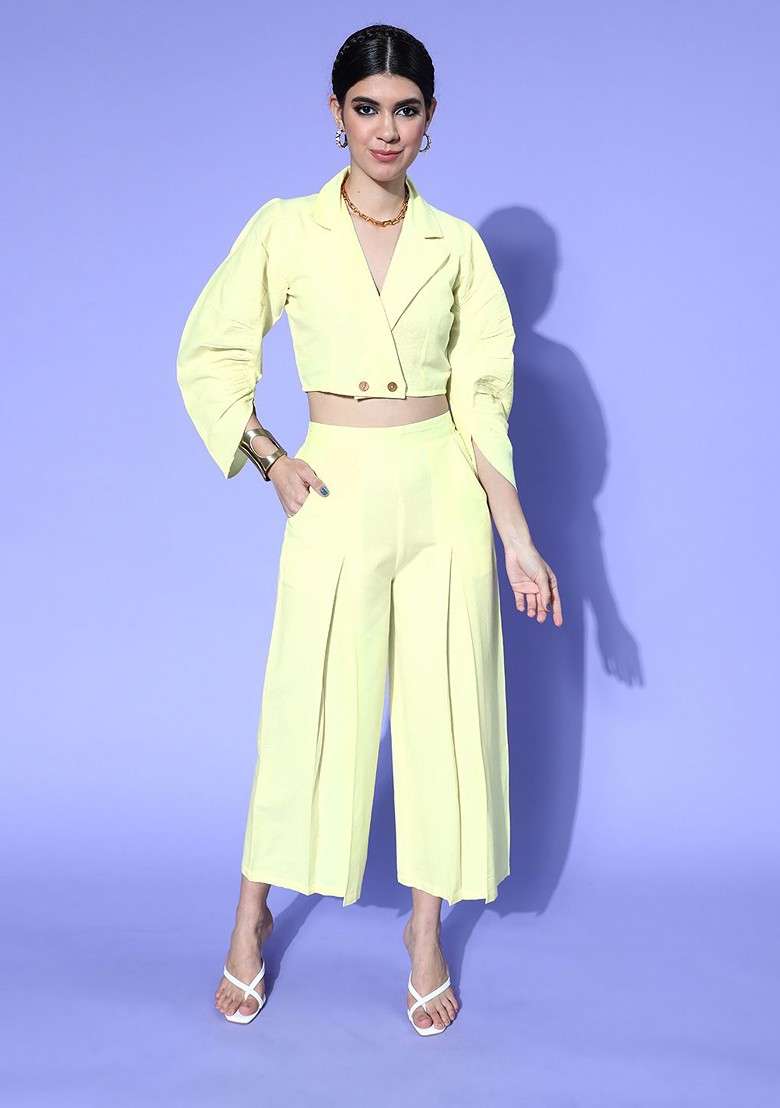 Lime Green Women Alluring Lime Green Solid Top With Palazzos - Indya