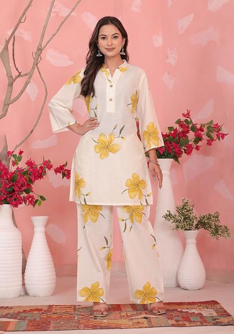White Sun Bloom Floral Printed Machine Wash Tunic With Palazzo