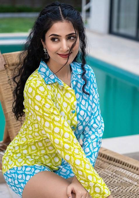 Lime Green Pure Cotton Printed Shirt With Shorts Coords