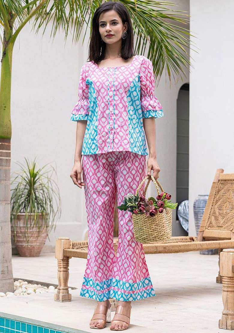 Pink Printed Pure Cotton Top With Trouser Coords - Indya
