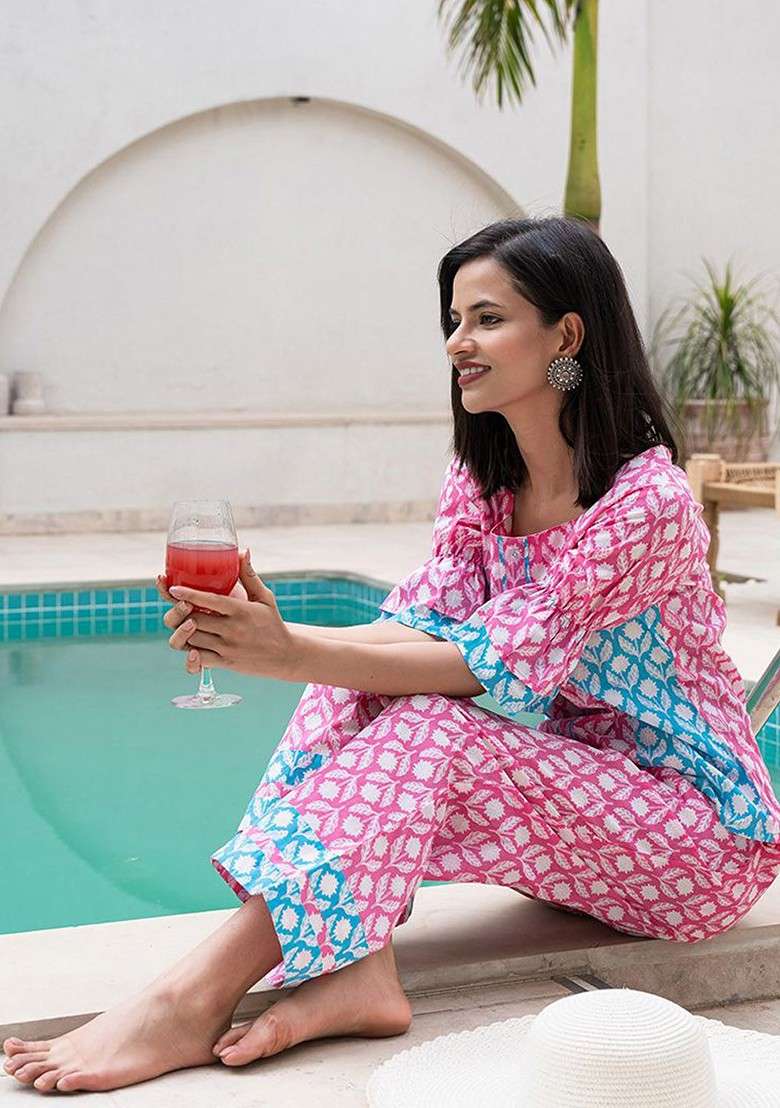 Pink Printed Pure Cotton Top With Trouser Coords - Indya
