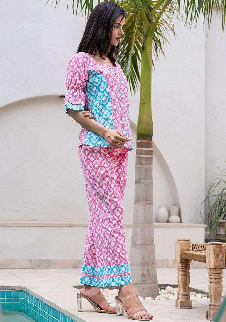 Pink Printed Pure Cotton Top With Trouser Coords - Indya