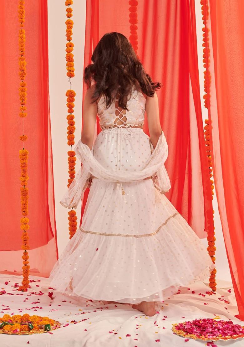 White Printed Poly Blend Lehenga Set With Dupatta For Girls
