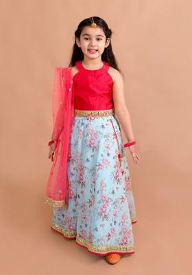 Blue Embroidered Poly Blend Lehenga Set With Dupatta For Girls
