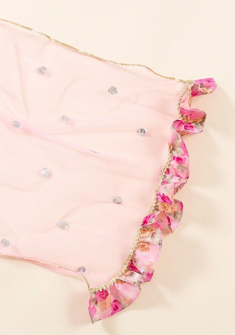 Pink Embroidered Poly Blend Lehenga Set With Dupatta For Girls