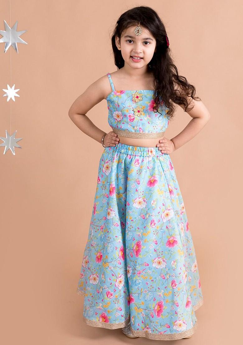 Blue Printed Poly Blend Lehenga Set With Dupatta For Girls
