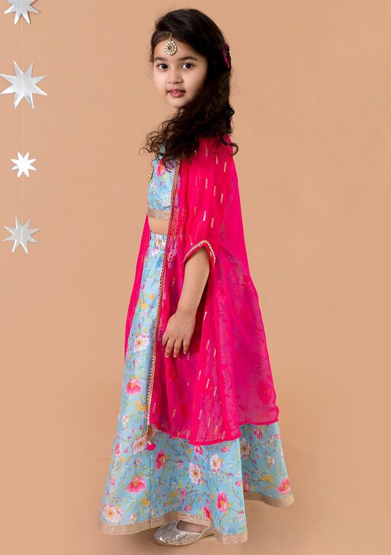 Blue Printed Poly Blend Lehenga Set With Dupatta For Girls