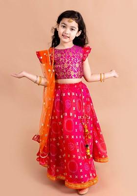 Pink Embroidered Poly Blend Lehenga Set With Dupatta For Girls