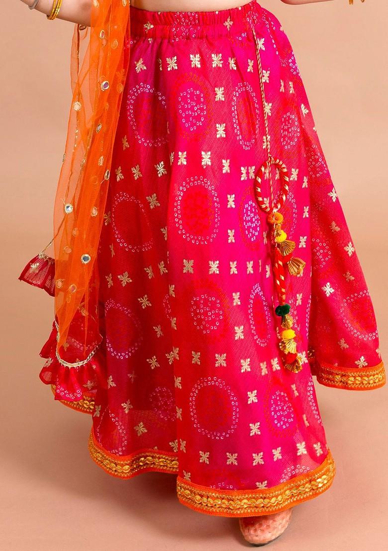 Pink Embroidered Poly Blend Lehenga Set With Dupatta For Girls