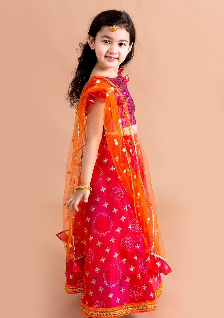 Pink Embroidered Poly Blend Lehenga Set With Dupatta For Girls