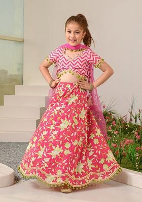 Magenta Printed Poly Blend Lehenga Set With Dupatta For Girls