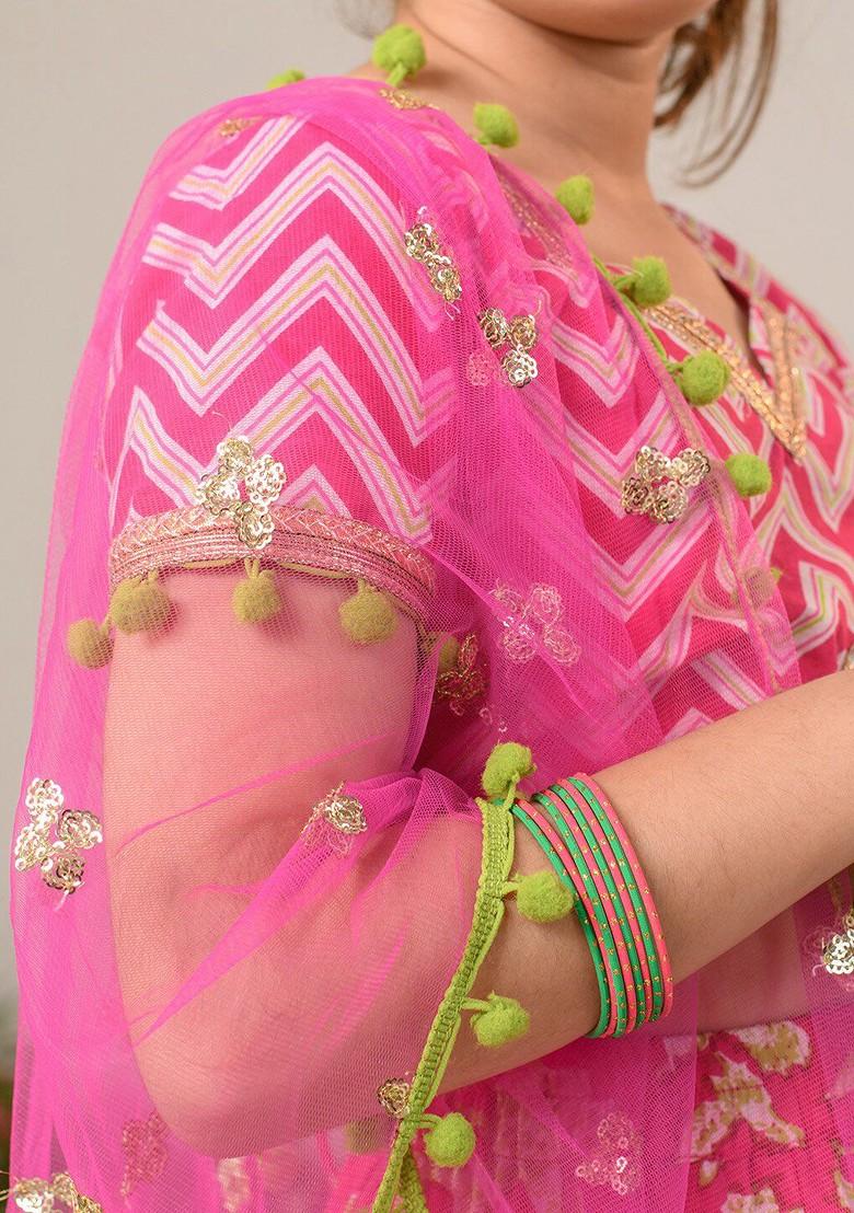 Magenta Printed Poly Blend Lehenga Set With Dupatta For Girls