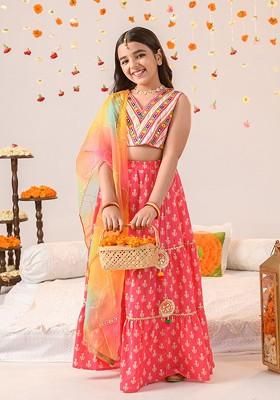 Magenta Embroidered Poly Blend Lehenga Set With Dupatta For Girls