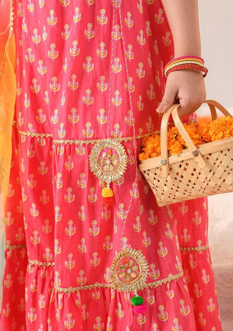 Magenta Embroidered Poly Blend Lehenga Set With Dupatta For Girls