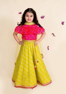 Yellow Printed Poly Blend Lehenga Set With Dupatta For Girls