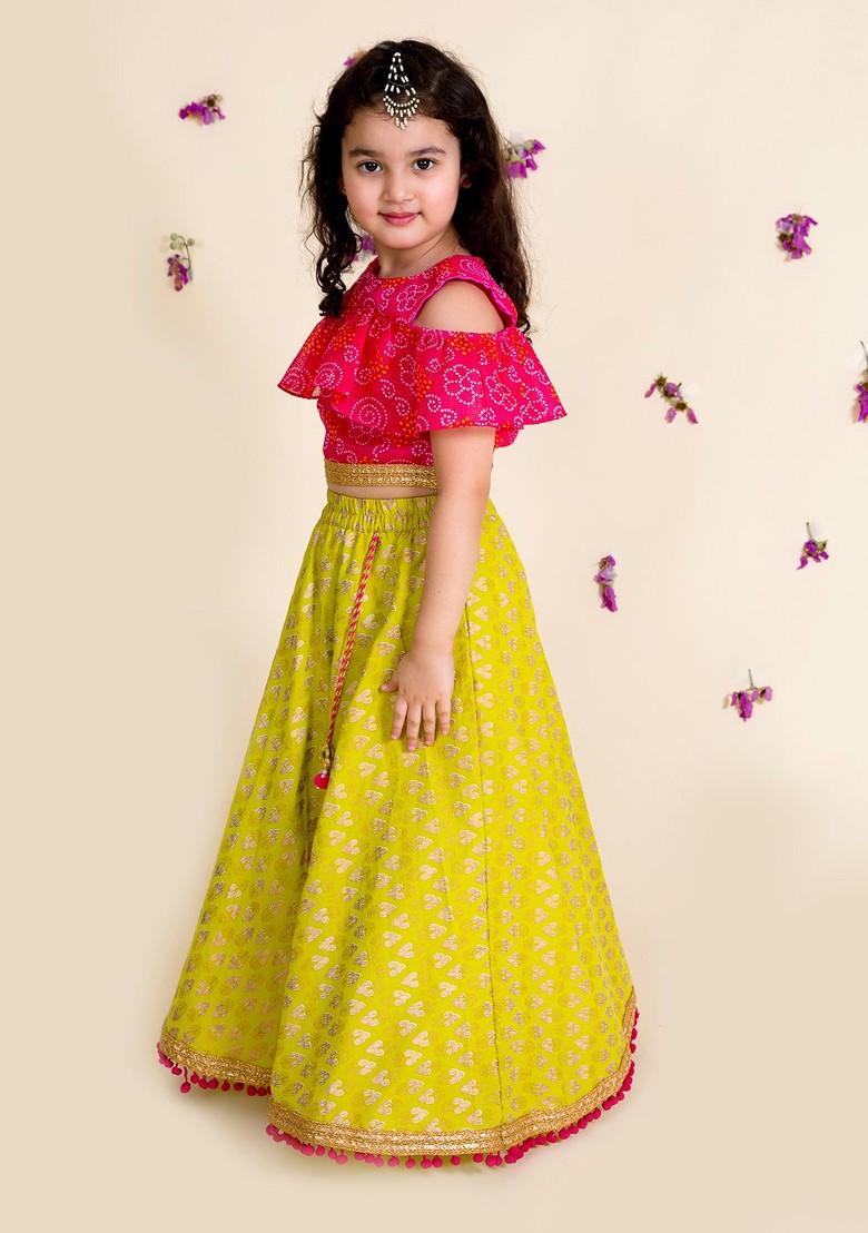 Yellow Printed Poly Blend Lehenga Set With Dupatta For Girls