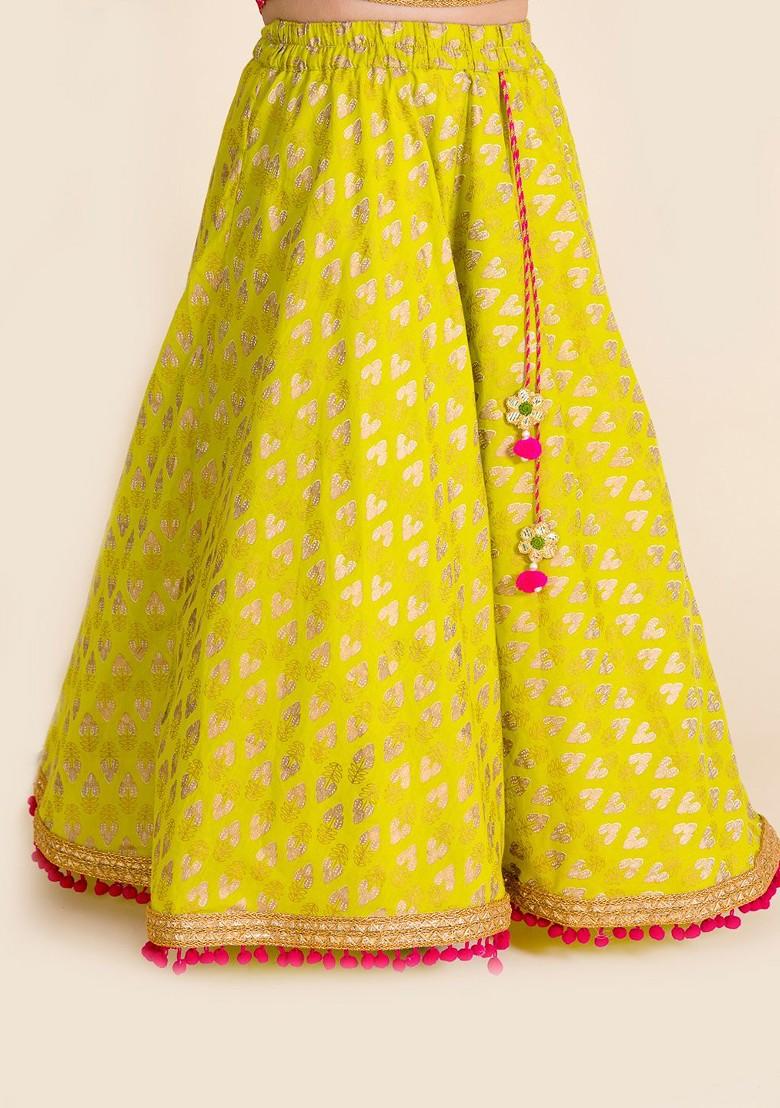 Yellow Printed Poly Blend Lehenga Set With Dupatta For Girls