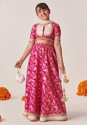 Magenta Printed Poly Blend Lehenga Set With Dupatta For Girls