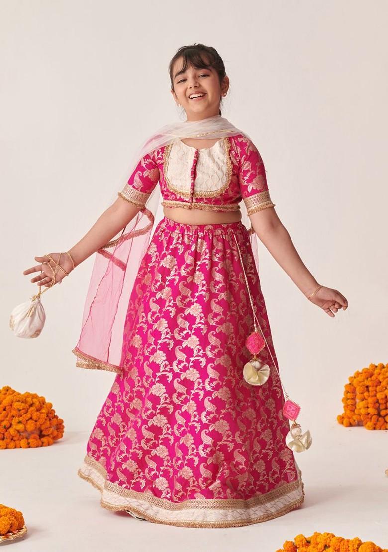 Magenta Printed Poly Blend Lehenga Set With Dupatta For Girls