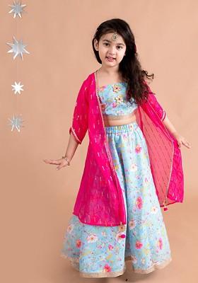 Blue Printed Poly Blend Lehenga Set With Dupatta For Girls