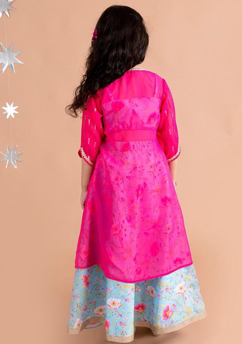 Blue Printed Poly Blend Lehenga Set With Dupatta For Girls