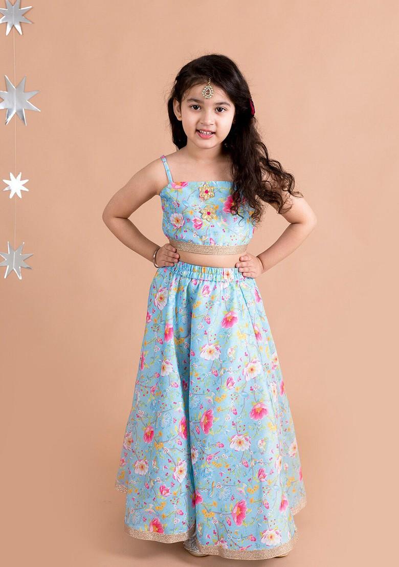 Blue Printed Poly Blend Lehenga Set With Dupatta For Girls