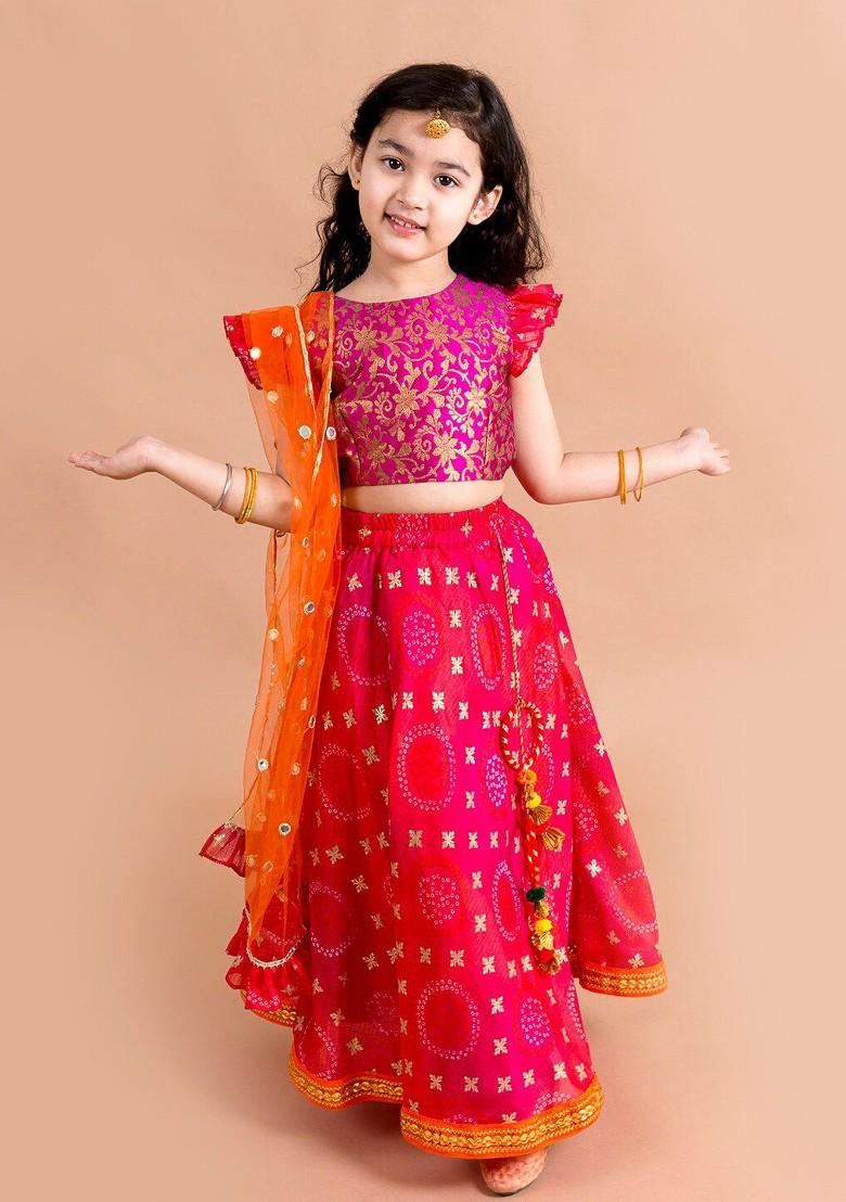 Pink Embroidered Poly Blend Lehenga Set With Dupatta For Girls