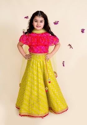 Yellow Printed Poly Blend Lehenga Set With Dupatta For Girls