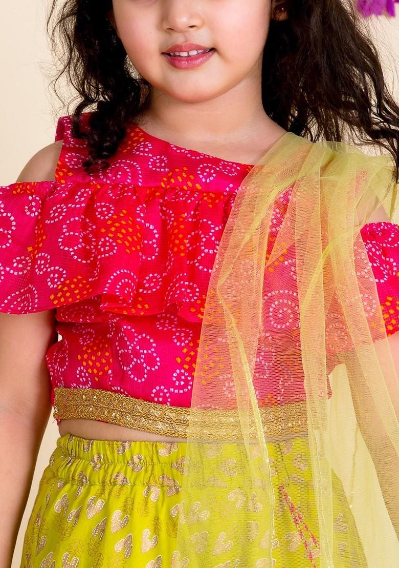 Yellow Printed Poly Blend Lehenga Set With Dupatta For Girls