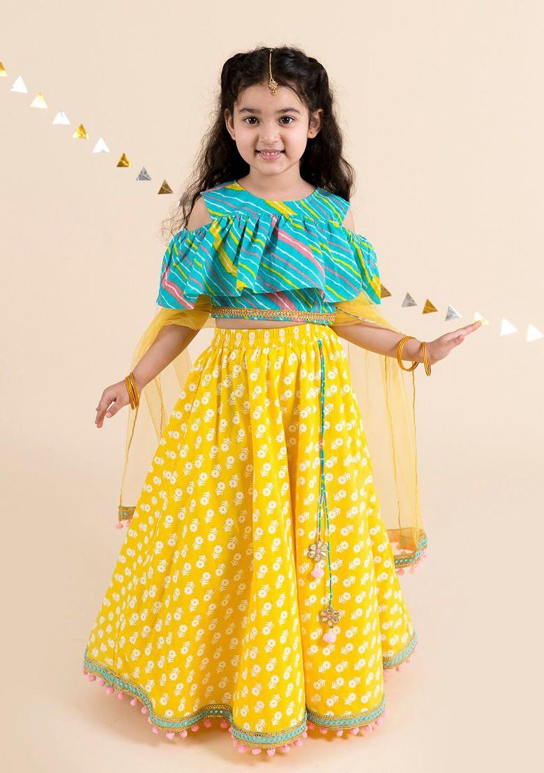 Yellow Printed Poly Blend Lehenga Set With Dupatta For Girls