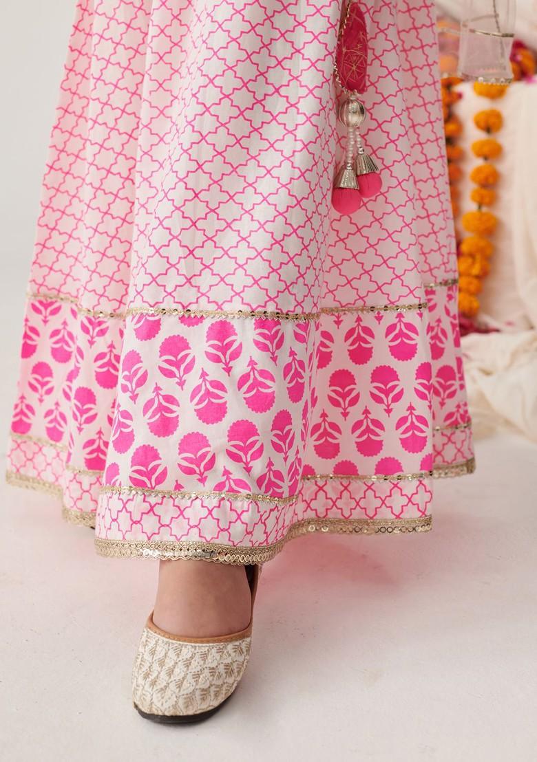 Pink Printed Poly Blend Lehenga Set With Dupatta For Girls